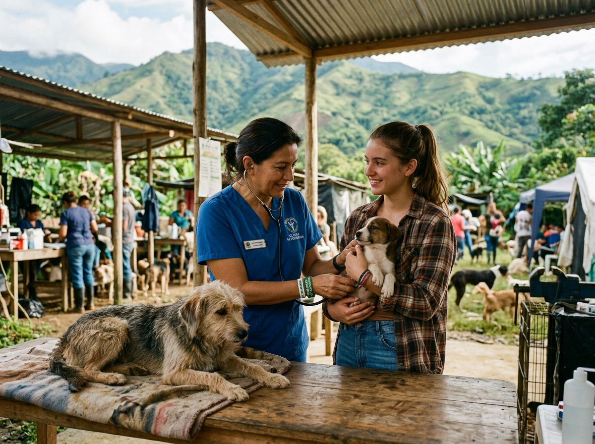 Veterinaria y voluntaria cuidando cachorros rescatados en zona rural